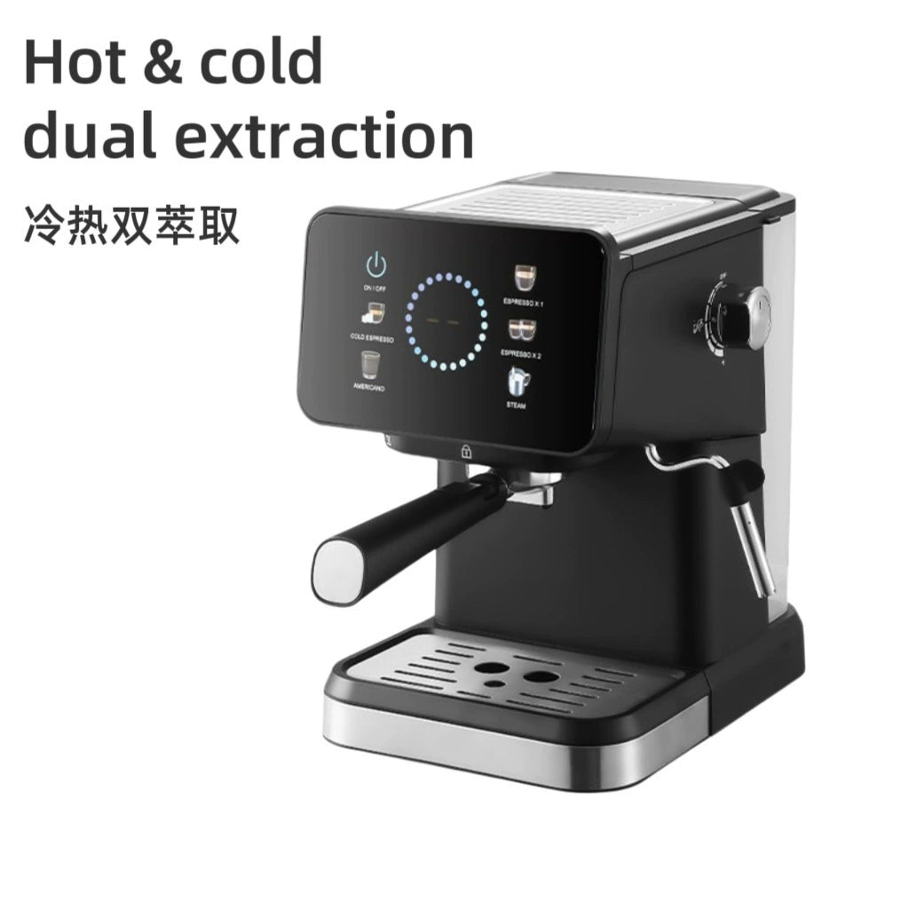 Black espresso machine with digital display showing drink options, steam wand, and drip tray with stainless steel base.