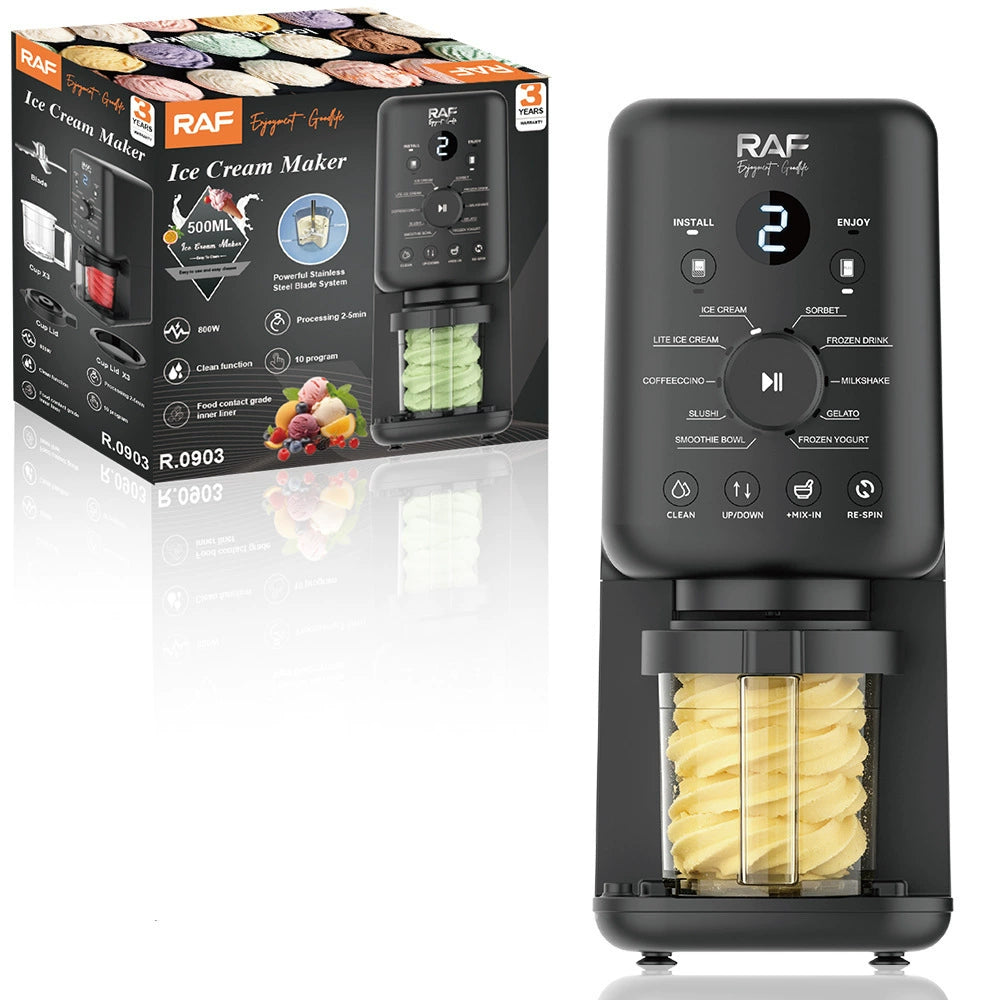 Black RAF ice cream maker with digital display showing "2", control buttons for various frozen treat modes, and a