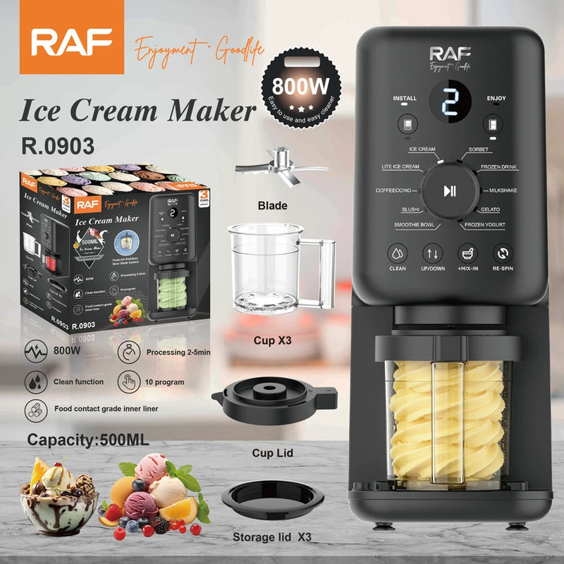 Black RAF ice cream maker with 800W power, showing control panel with 10 programs, transparent ingredient cup filled with