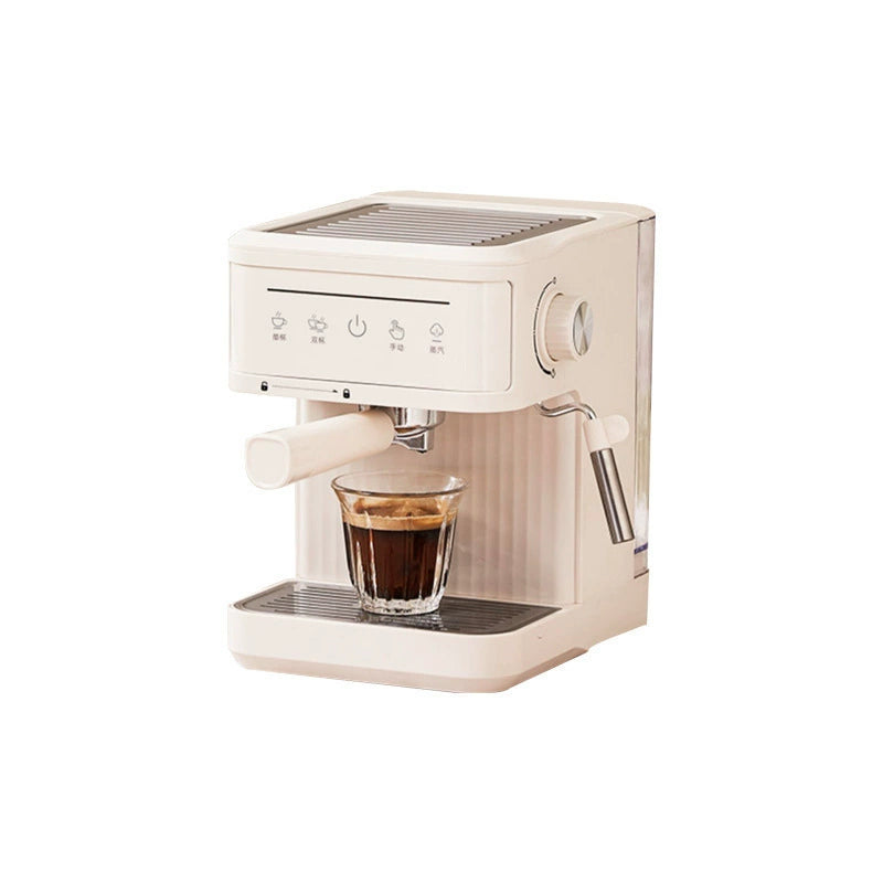 Cream-colored espresso machine with touch controls dispensing dark coffee into a glass cup on the drip tray.