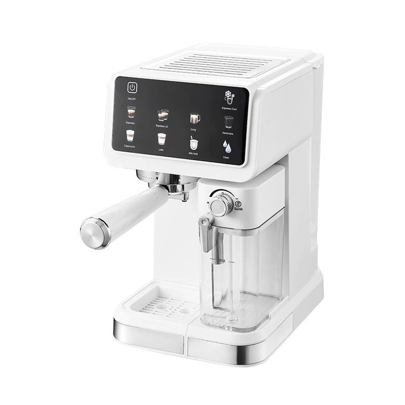 White espresso machine with black touchscreen display showing various drink options, chrome portafilter handle, and water
