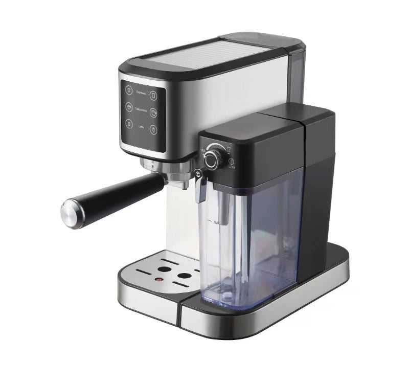 Black and stainless steel espresso machine with digital touch panel, steam wand, and transparent water reservoir.