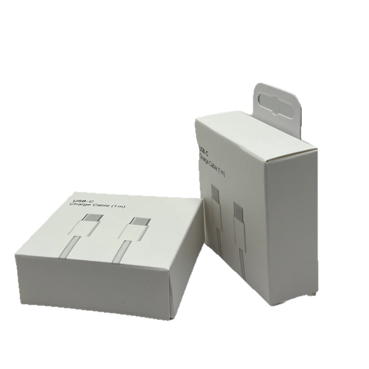 Two white cardboard boxes for USB-C charging cables, displayed at an angle with visible product text and cable slot cutouts