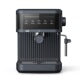 Black espresso machine with steam wand and control panel, displayed against white background