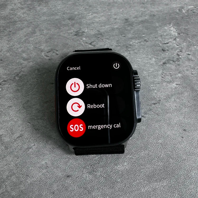 Black smartwatch with OLED display showing shutdown menu options (Cancel, Shut down, Reboot, SOS Emergency call) on gray