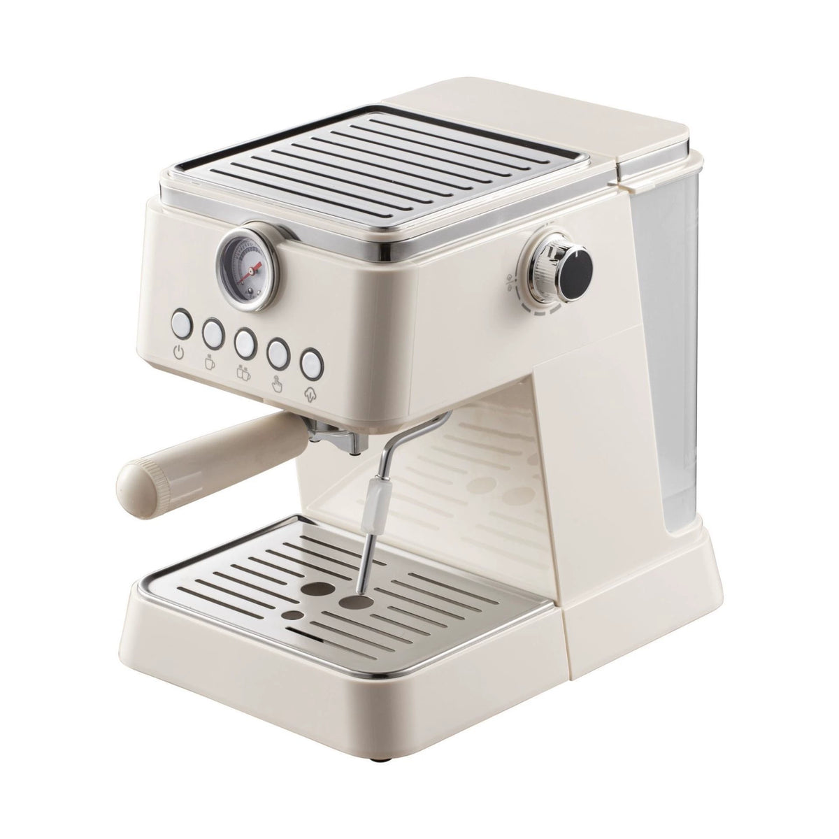 Cream-colored espresso machine with stainless steel accents, featuring a pressure gauge, control buttons, steam wand, and