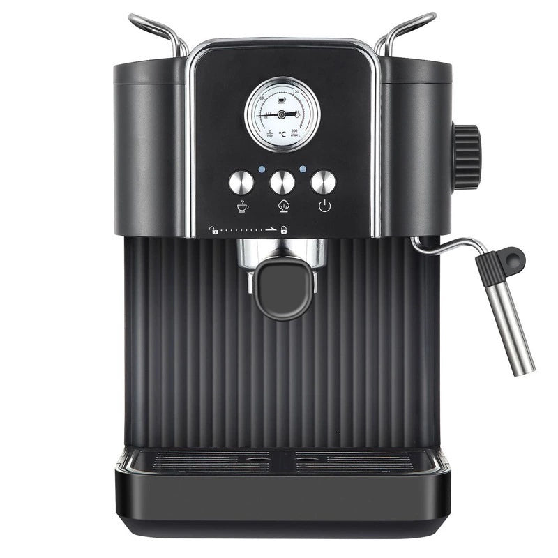 Black espresso machine with chrome handles, analog temperature gauge, three control knobs, and steam wand on right side,