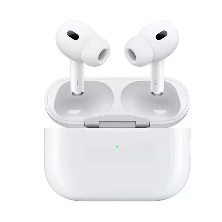 Pair of white wireless earbuds with stems and black speaker grilles displayed above their open white charging case with