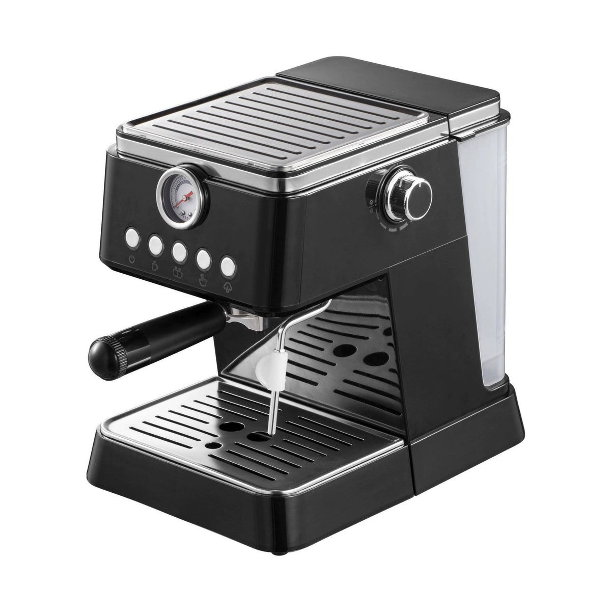 Black espresso machine with stainless steel drip tray, side-mounted portafilter handle, analog temperature gauge on top, and