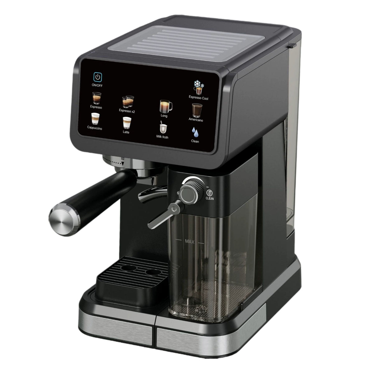 Black and stainless steel espresso machine with digital touchscreen display showing coffee drink options, portafilter handle