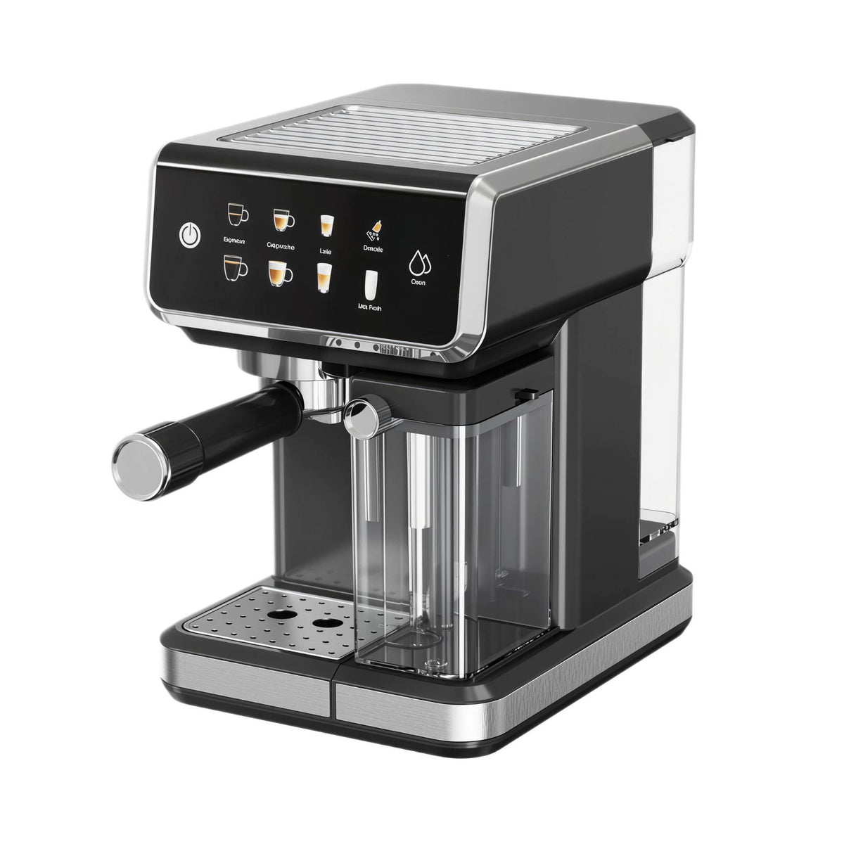 Black and stainless steel espresso machine with touchscreen display showing coffee drink icons, portafilter handle on left
