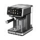Black and stainless steel espresso machine with a portafilter, water reservoir, and control panel on a white background.