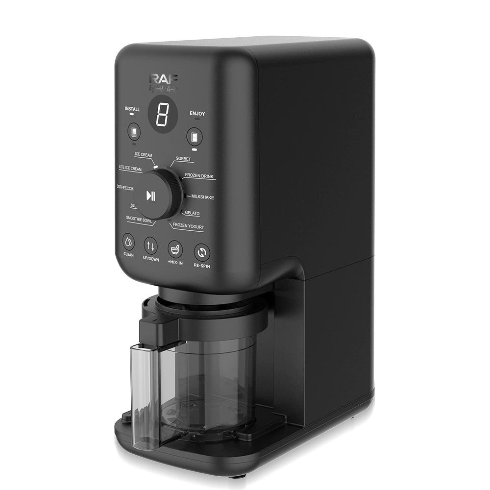 Black countertop blender with digital display, control dial, and multiple function buttons including ice cream, sorbet, and