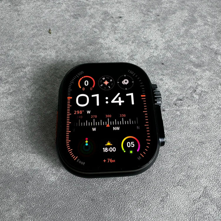 Black smartwatch with square rounded edges displaying time 01:41, compass bearing 298°W, altitude +76m, and various