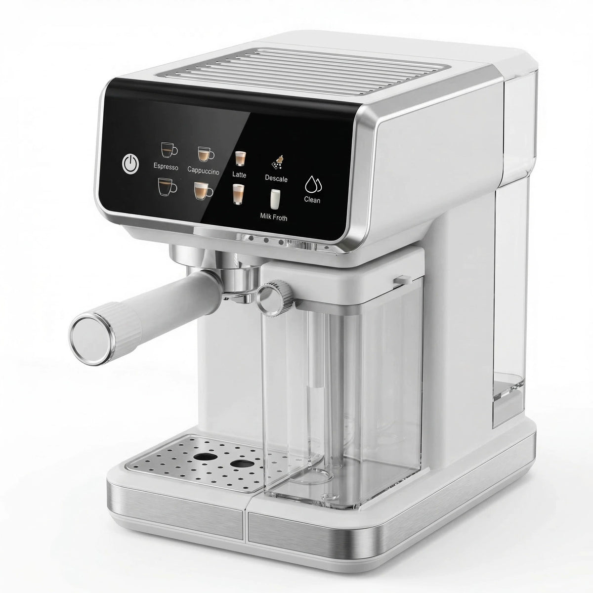 White and silver automatic espresso machine with a black touchscreen display showing coffee drink options (Espresso,