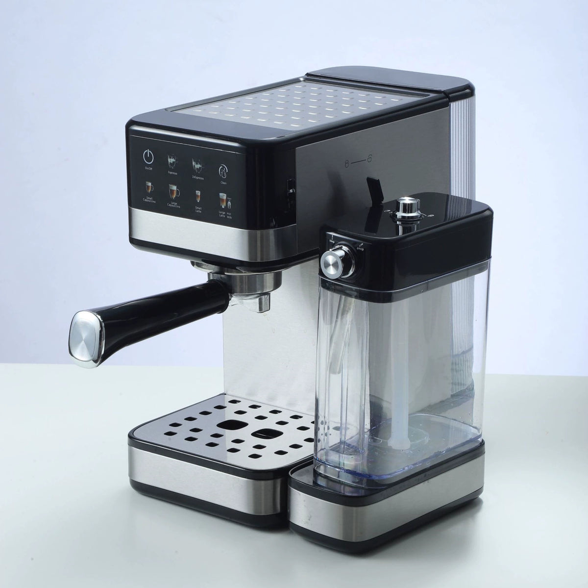 Black and stainless steel espresso machine with digital display panel, portafilter handle, drip tray with perforated
