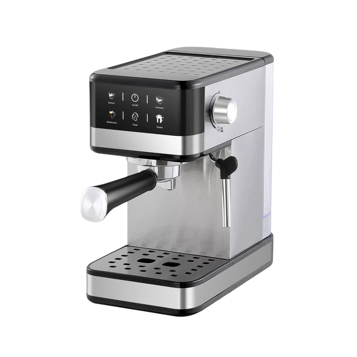 Stainless steel and black espresso machine with digital touch controls on top, a portafilter with black handle, and a drip