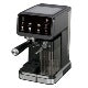 Black espresso machine with compact cubic design, featuring a portafilter on the front and control panel on top.