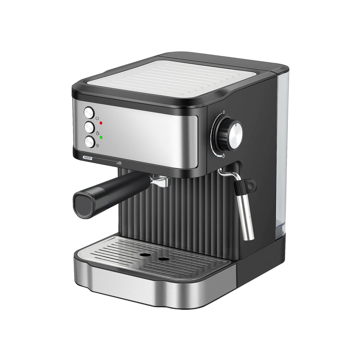 Stainless steel and black espresso machine with control buttons on upper left, rotary dial on right side, portafilter handle