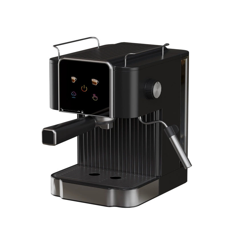 Black espresso machine with digital touch panel display, stainless steel accents, portafilter handle, and drip tray with two