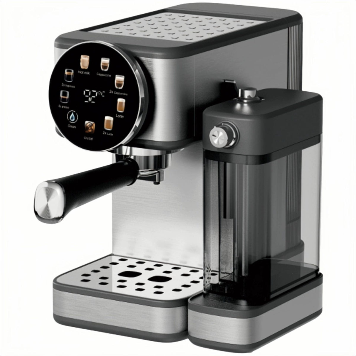 Stainless steel and black espresso machine with digital control panel displaying drink options, steam wand with black