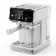 Stainless steel and black espresso machine with steam wand and drip tray, shown against white background.
