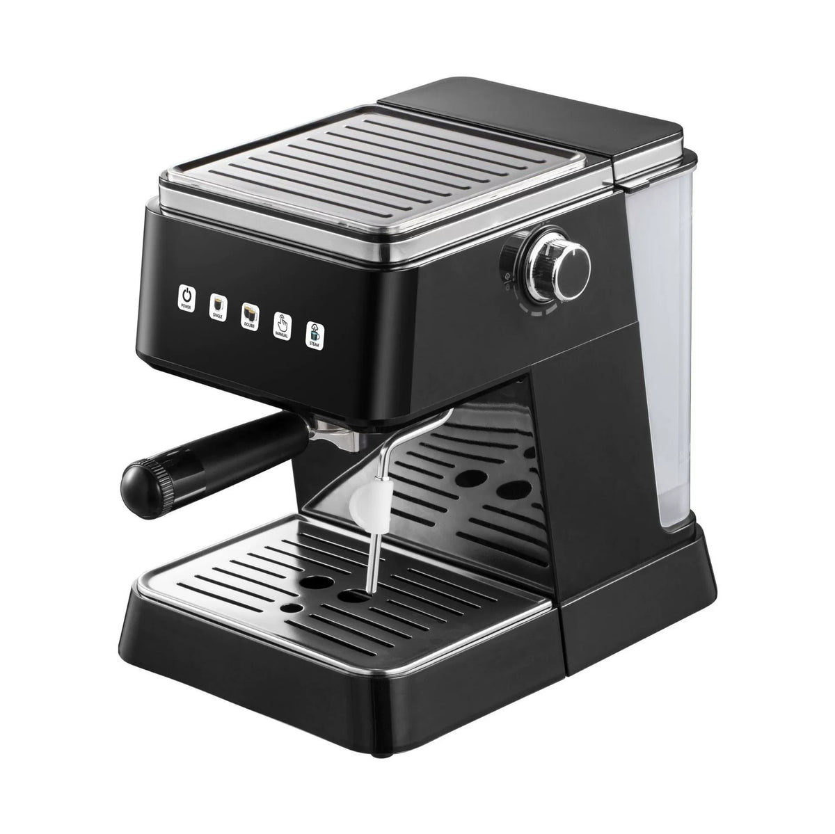 Black espresso machine with digital display buttons, chrome accents, and a side-mounted portafilter handle over a drip tray.