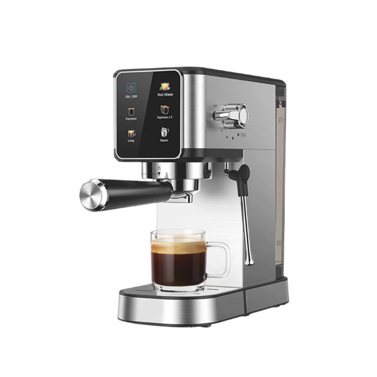 Stainless steel and black espresso machine with digital touchscreen control panel on left side, dispensing dark coffee into