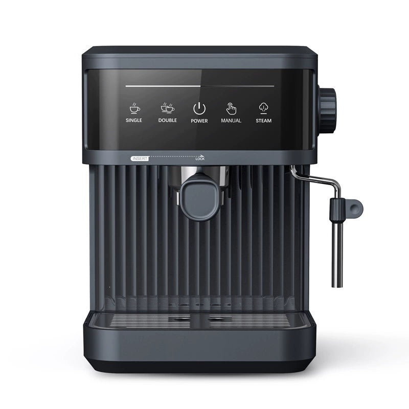 Black espresso machine with touch display showing five brewing options (Single, Double, Power, Manual, Steam), vertical