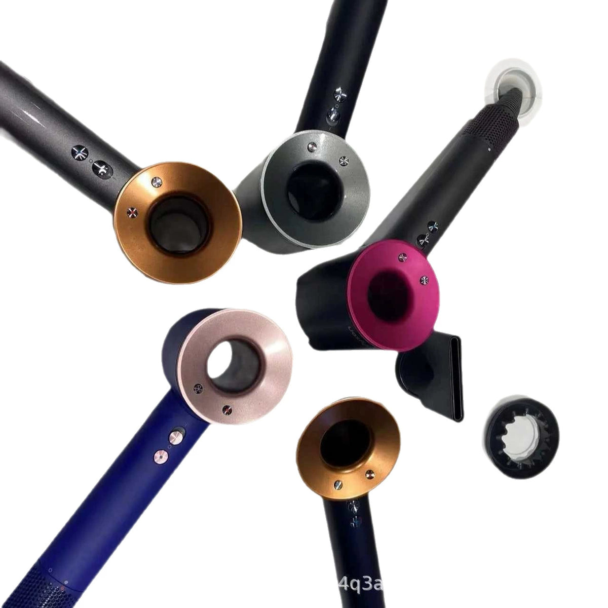 Six hair styling tools with interchangeable colored attachments (bronze, gray, magenta, navy, and white) arranged in a